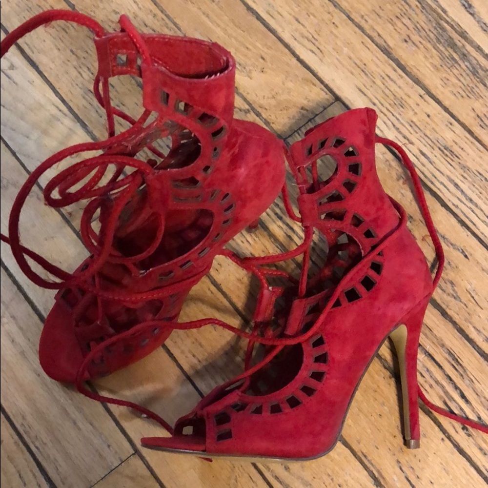 Red Suede Strappy Sandal Heels Sexy Rare